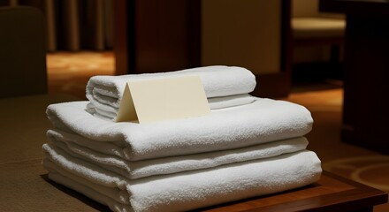 Soft White Towels with Invitation Card on Bed
