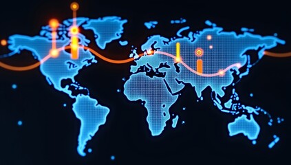 Stylized world map overlaid with glowing orange financial data
