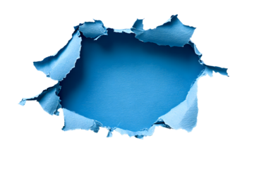 Torn ripped blue paper hole isolated on white background
