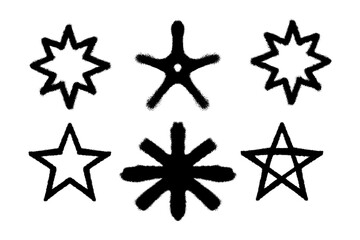 Obraz premium Set of 6 black spray paint stars in different shapes with authentic textured spray effect on white background. Perfect for urban, street art, and creative design projects.