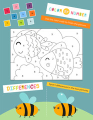 Cute Animals Activity Pages for Kids. Printable Activity Sheet with Animals Mini Games – Spot 5 differences, Color by number. Vector illustration.