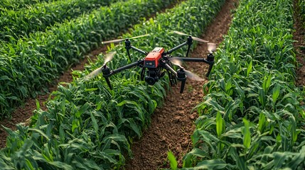 Drone flying over rows of corn in a field.