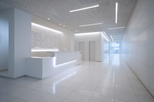 Bright White Modern Reception Area in Office Building Minimalist Design Clean Lines and Tiled Floor Perspective View