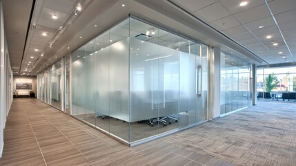Modern Office Interior with Glass Conference Rooms and Hallway showcasing contemporary design and natural light in a corporate setting