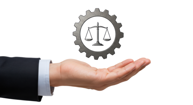 Isolated Hand Offering Scales of Justice on Gear