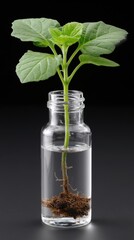 Young Plant Growing in Water Inside Glass Bottle Studio Shot on Black Background Showing Roots and Green Leaves