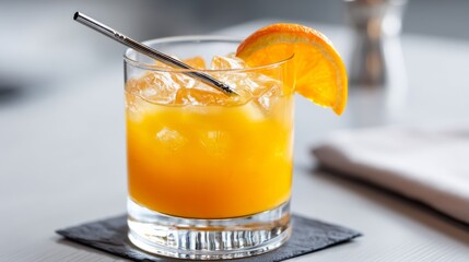 Glass of orange juice with a straw in it. The glass is on a coaster. The coaster is black