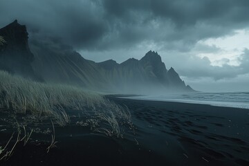 Dramatic Icelandic Black Sand Beach at Dusk