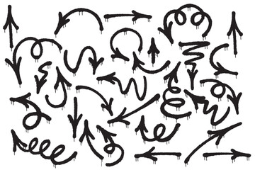 Black spray paint arrow collection with drip effect and diverse hand-drawn directions on white background. Ideal for infographics, presentations, and authentic grunge-style designs.