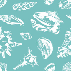 Seamless pattern with seashells isolated on a blue background. Decor style. 
