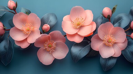 Pastel pink flowers and blue-green leaves on a teal background.