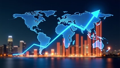 Global finance and investment growth with candlestick bars, market charts and economic trends on dark world map background