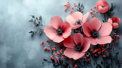 Pink paper flowers and greenery on blue background.