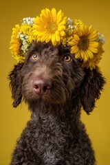 Portrait of a Brown Wirehaired Pointing Griffon Dog Wearing Yellow Flower Crown on Yellow Background Studio Shot