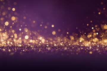 Golden bokeh lights shimmering on a dark purple background abstract festive design horizontal close up studio shot