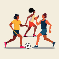 A modern flat-style vector illustration of three women playing soccer. Dynamic movement, teamwork, and energy captured in a minimalist and colorful sports design.
