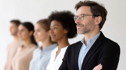 Fototapeta premium Group of people are standing in a line, with one man in a suit and glasses looking at the camera. Concept of professionalism and formality, as the man in the suit is dressed for work