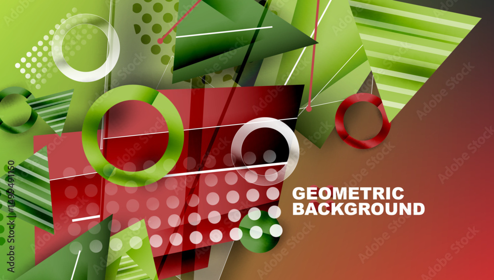 Aufkleber Abstract geometric design. Green, red hues dominate composition. Overlapping shapes create dynamic visual effect. Modern style.