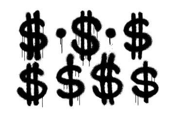 Collection of 6 dollar sign logos with spray paint scratch texture on white background. Perfect for edgy, urban-inspired designs, finance visuals, and bold street art themes.