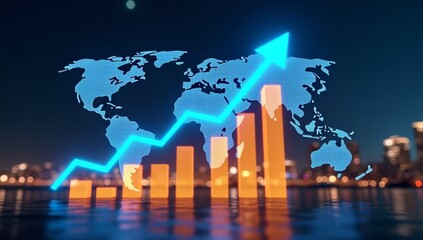 Global finance and investment growth with candlestick bars, market charts and economic trends on dark world map background