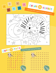 Cute Animals Activity Pages for Kids. Printable Activity Sheet with forest Animals Mini Games – Color by number, copy the path. Vector illustration.