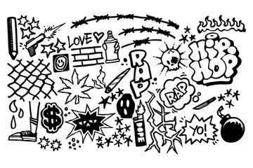 Graffiti hip hop set with bold lettering, spray paint effects, urban street art elements, and iconic hip hop symbols on white background. Perfect for music, culture, and street style projects.