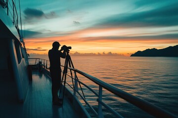 Silhouette of photographer capturing sunrise at sea