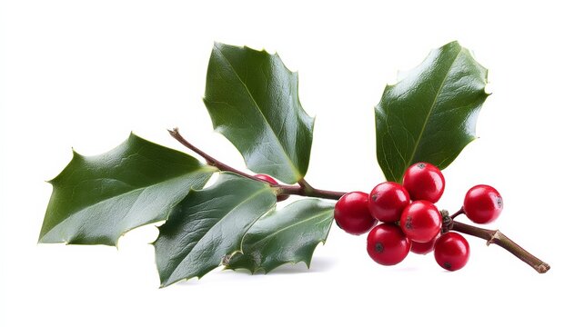Branch of holly with red berries on it. The berries are small and round. The branch is green and has a few leaves