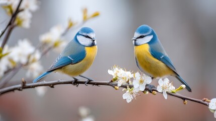 Two birds are perched on a branch of a tree. One bird is blue and the other is yellow