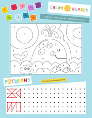 Cute Animals Activity Pages for Kids book. Printable Activity Sheet with Animals Mini Games – color by number, continue patterns. Vector illustration.