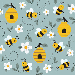 Seamless pattern featuring adorable bees, flowers and honeycombs on a pastel background. Cute cartoon style design perfect for spring, nature, or children's themes.