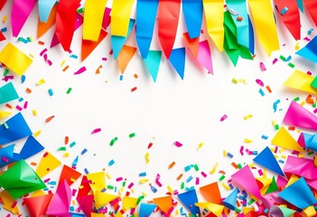 Vibrant party backdrop with colorful flags & confetti, isolated on white,  vector illustration,  celebration background