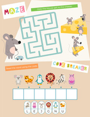 Cute Animals Activity Pages for Kids. Printable Activity Sheet with Animals Mini Games – maze, code breaker. Vector illustration.