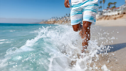 Fototapeta premium Person in striped swim shorts is playfully running along the shoreline, splashing water, with a bright blue ocean and sandy beach in the background, capturing summer joy. Selective focus