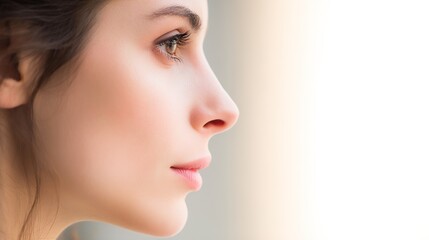 Naklejka premium Young woman with radiant skin in soft light, embodying natural beauty and serenity.