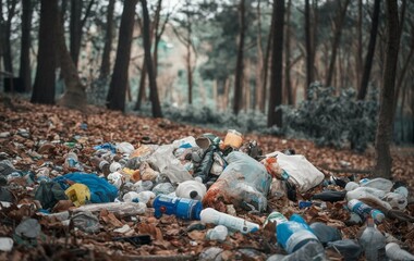 Obraz premium A forest with garbage and plastics scattered on the ground