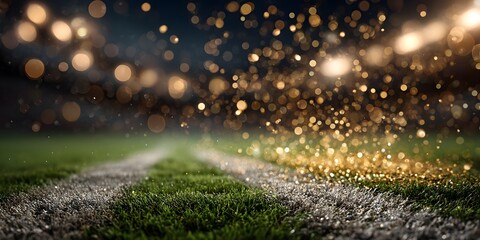 Naklejka premium Golden confetti and glitter raining down onto vibrant green football field. Stadium lights in background create festive bokeh, which is blurred.