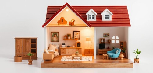 Miniature dollhouse with simple furniture, isolated on white background,  illustration,  icon