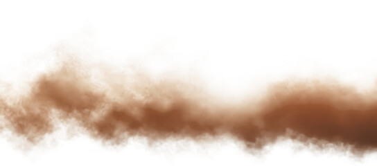 Brown dust sand soil smoke cloud particles isolated on a transparent white background. Sandstorm effect, smog, dust explosion rising, Smoke fog overlay effect. Blurred soil dust. PNG design elements