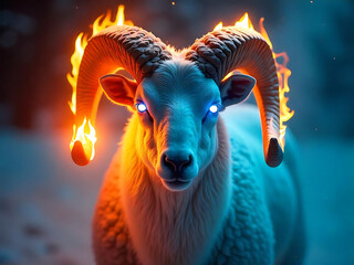 Ram head engulfed in flames, glowing eyes, and fiery smoke background, intense.
