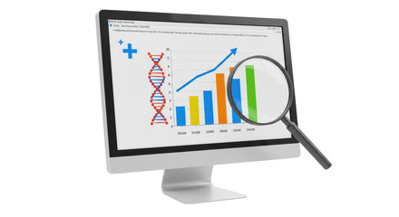 Isolated Computer Screen Displaying Financial Data and Magnifying Glass