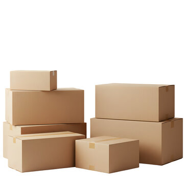 Stacks of brown cardboard boxes on a white background, ideal for ideas about storage or packaging. neutral, functional, secluded, and well organized.