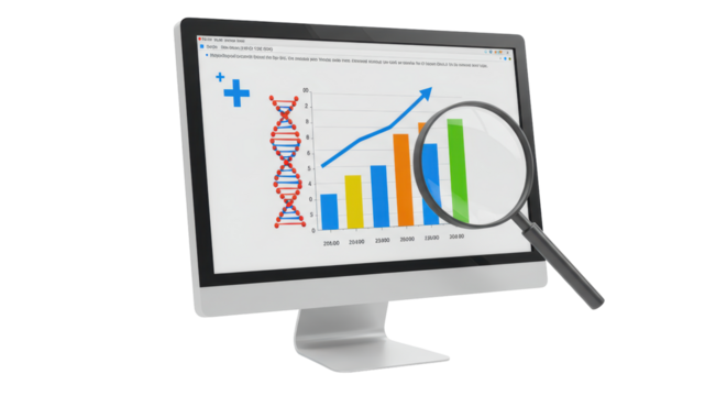 Isolated Computer Screen Displaying Financial Data and Magnifying Glass