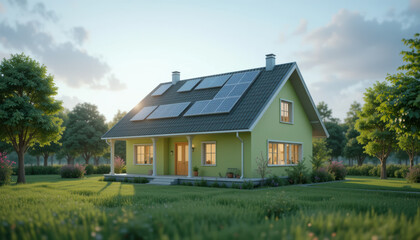 Obraz premium Modern green house featuring solar panels, surrounded by lush greenery and trees, embodies sustainable living and clean energy