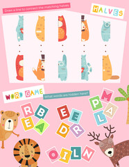 Cute Animals Activity Pages for Kids book. Printable Activity Sheet with Mini Games – find correct half, word game. Vector illustration.