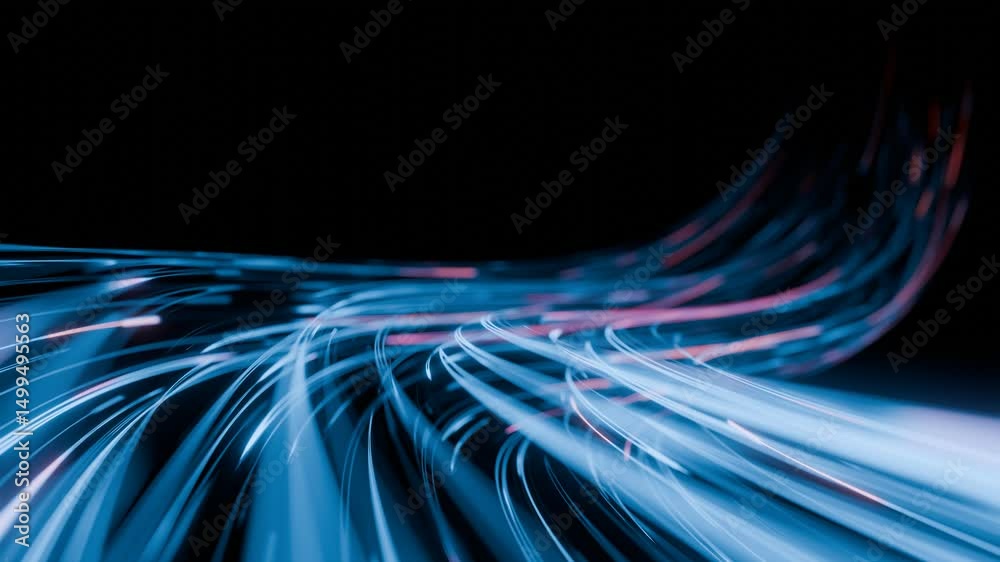 Poster seamless loop. glowing streams of high-speed data lines in blue and pink curving through a dark digi
