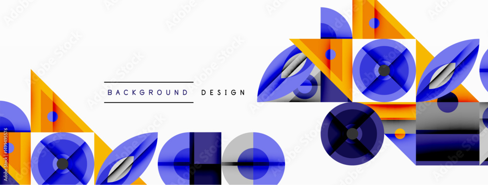 Poster abstract geometric shapes, vibrant colors, modern design. blue, orange, gray elements create dynamic