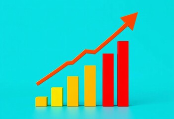 Upward trending arrow graph with rising bar chart illustrating business success,  expansion,  soaring