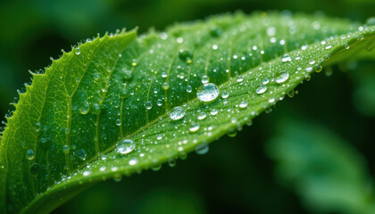 Closeup of dew on vibrant green leaf, showcasing nature beauty and freshness in serene environment