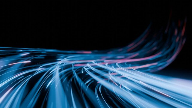 Seamless loop. Glowing Streams of High-Speed Data Lines in Blue and Pink Curving Through a Dark Digital Network Space. Light trails background
